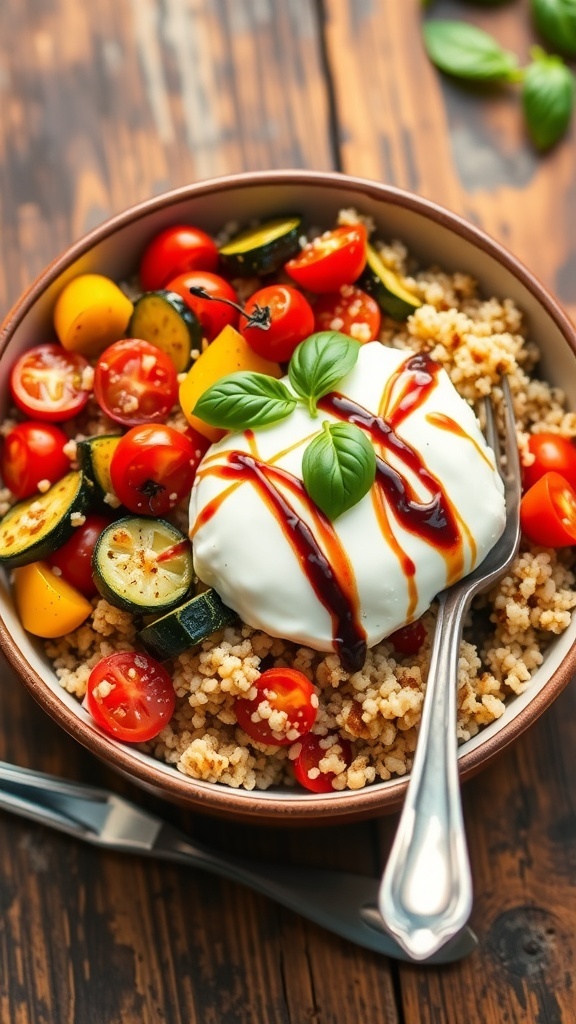A colorful quinoa bowl with roasted vegetables and burrata cheese, garnished with basil and balsamic glaze.